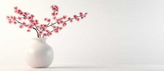 Poster - Pink cherry branch in a vase on a white background with flowers. with copy space image. Place for adding text or design