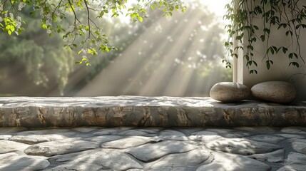 Natural sunlight filters through trees onto a stone pathway in a serene garden setting during the afternoon