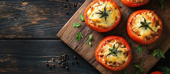 Poster - Stuffed tomatoes Tomatoes baked with chicken and cheese on a wooden kitchen table Top view with copyspace