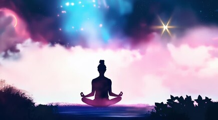 Sticker - Silhouette of a person meditating in lotus pose under a vibrant cosmic sky with nebula and stars.