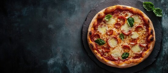 Pizza Margherita on a stone surface with copyspace for your text