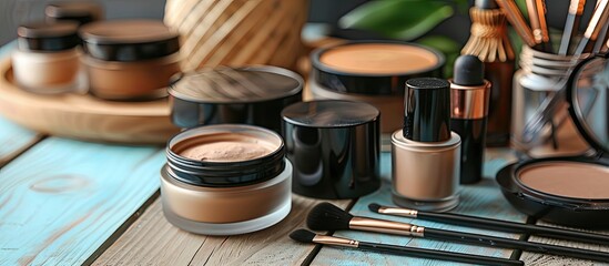 Cosmetics arranged on a wooden background copyspace