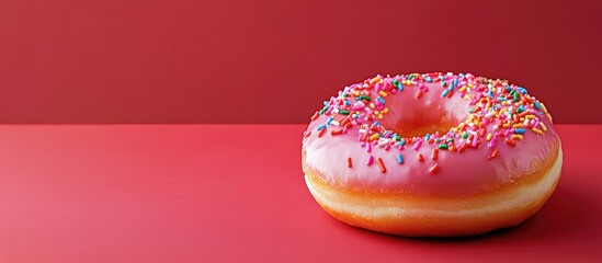 Aufkleber - Close up of a pink glazed doughnut topped with rainbow sprinkles placed on a red table with room for text on the left. with copy space image. Place for adding text or design