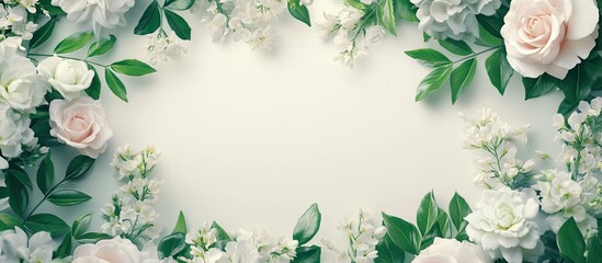 Fototapete - Mockup of a spring postcard featuring a frame of white acacia flowers roses and green leaves Floral backdrop. with copy space image. Place for adding text or design