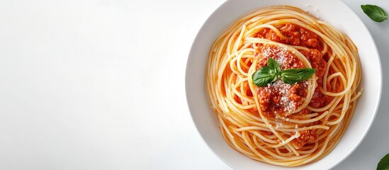 Aufkleber - Italian cuisine spaghetti with Bolognese sauce in a white pasta bowl. with copy space image. Place for adding text or design