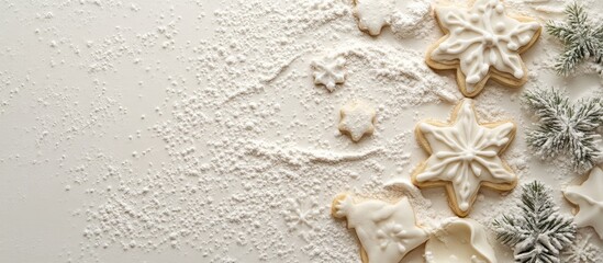 Poster - Abstract background of Christmas food featuring cookie molds and flour. with copy space image. Place for adding text or design