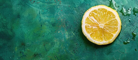 Leinwandbilder - A round slice of fresh ripe lemon on a green table in the kitchen Copy space for your text Top view Cooking concept