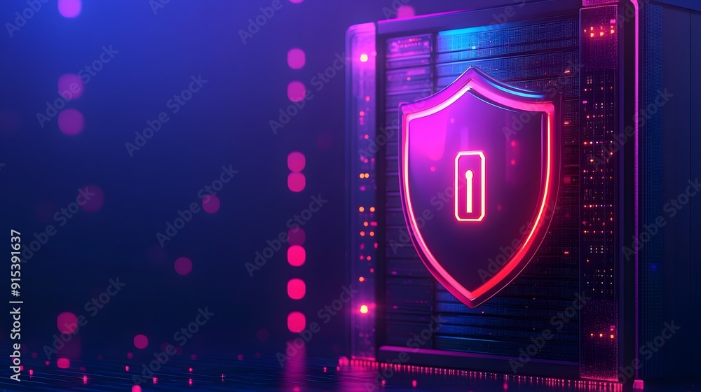 Digital security concept with glowing shield icon over server ...