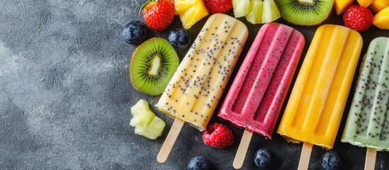 Aufkleber - Tropical ice cream popsicles made with chia seeds and fruit juices pineapple orange mango banana kiwi coconut grapes peach and strawberry with copyspace