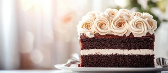 Poster - Chocolate rectangular cake adorned with cream roses on a light table Sweet food is part of the confectionery industry copyspace