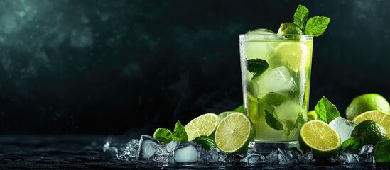 Leinwandbilder - Lime mojito in a clear glass against a dark background Surrounding it are fresh lime slices ice and mint The idea of refreshing summer citrus beverages cocktails and lemonade. with copy space image