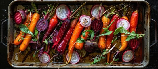 Aufkleber - Beetroot carrots and radish ready for roasting on a baking tray against a dark background Fresh vegetables healthy organic food harvest agriculture top view. with copy space image