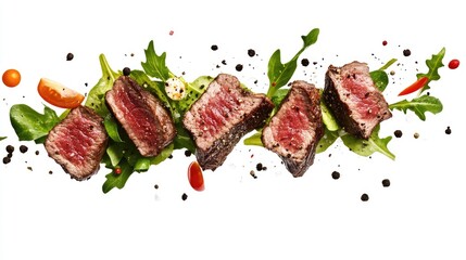 Wall Mural - Sliced beef steak and fresh salad ingredients tumbling on a transparent white background, perfect for illustrating a healthy, gourmet dish.