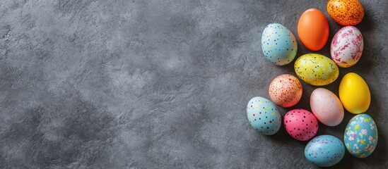 Poster - Arrangement of Easter painted eggs on a gray stone textured background Copy space Top view