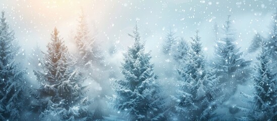 Poster - Snow was falling on the fir trees. with copy space image. Place for adding text or design