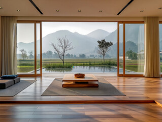 Poster - A large open living room with a view of the mountains. The room is filled with wooden furniture and a large table