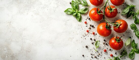 Poster - Raw tomatoes herbs and black pepper on a light concrete surface Top view with copyspace