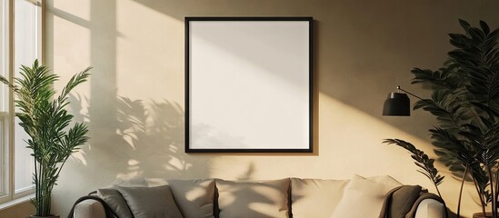 Aufkleber - Photo frame mockup displayed on a wall with a shadow Minimalist backdrop Empty picture frame mockup in a living room setting. with copy space image. Place for adding text or design