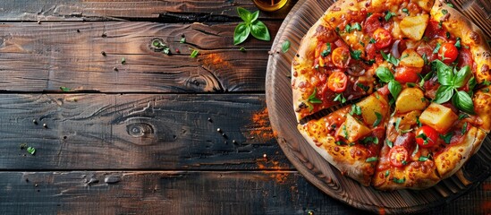 Poster - Closed pizza with potato filling vertical image Top view Copy space for text