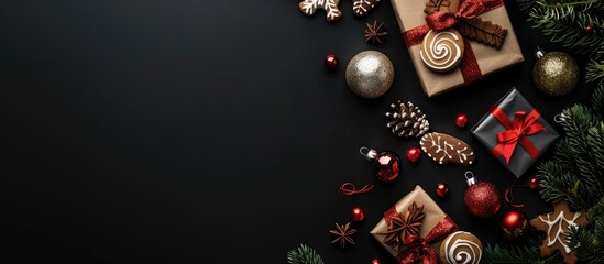 Aufkleber - Christmas decoration featuring xmas ornaments cookies a pine tree and gifts with copy space on a black background