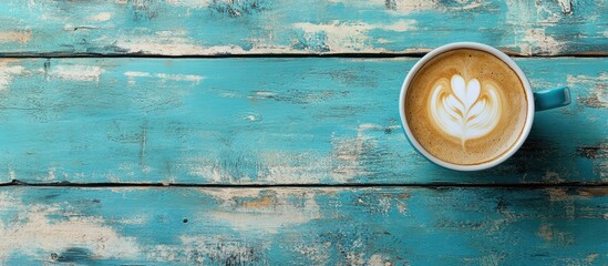 Aufkleber - Latte art in a coffee cup on a weathered vintage blue wooden table with copyspace for text