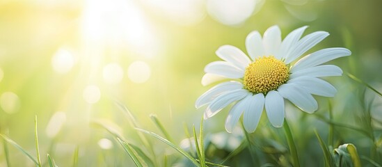 Aufkleber - Blurred white daisy featuring yellow stamens and green grass under soft sunlight creating a textured background of blooming flowers. with copy space image. Place for adding text or design