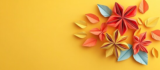 Poster - Vibrant origami flowers accompanied by leaves on a yellow backdrop. with copy space image. Place for adding text or design