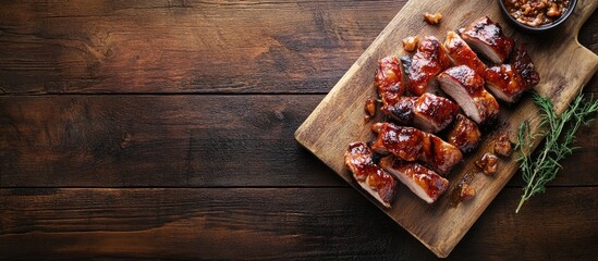 Poster - Pork smoked meat appetizer meal snack on the table with copyspace food background rustic