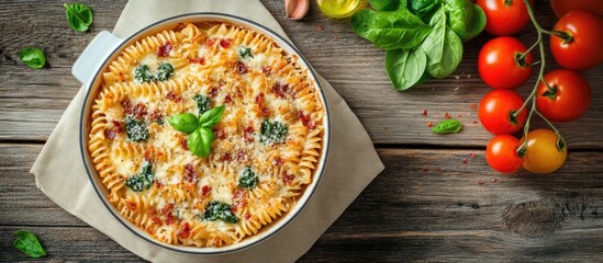 Aufkleber - Baked homemade fusilli pasta with bacon cream spinach and fresh cherry tomatoes rests on a napkin on a wooden table Close up top view. with copy space image. Place for adding text or design