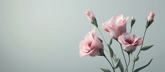 Aufkleber - Delicate pink blooms of the eustoma or lisianthus plant set against a light gray background. with copy space image. Place for adding text or design