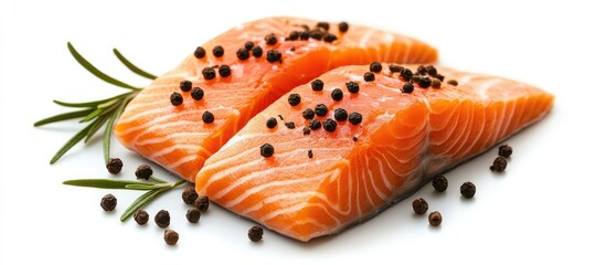 Poster - Slice of salmon with peppercorn and rosemary set against a white background. with copy space image. Place for adding text or design