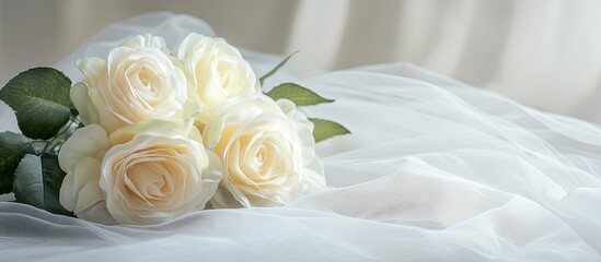 Aufkleber - Artificial white rose bouquet tulle on the table fabric rose texture fake rose arrangement romantic Valentine s wedding floral copy space
