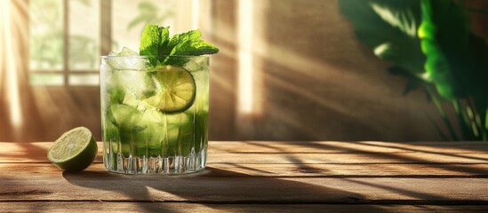 Fototapete - Chilled sweet and refreshing green mojito A glass of mojito on a wooden surface An alcoholic beverage featuring mint and lime Copy space
