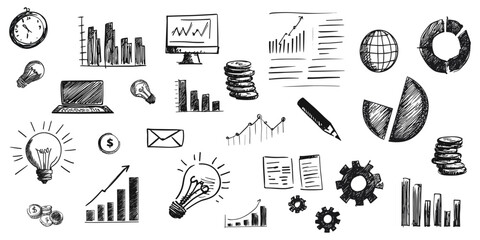hand drawn business elements set. working sketch collection. diagram chart doodle icons. vector illu