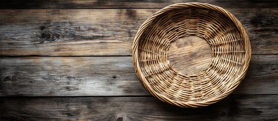 Poster - An empty wicker basket tray featuring a circular pattern on a weathered wood background with copy space