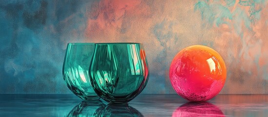 Leinwandbilder - Green and blue glassware alongside a vibrant pink ball on a textured background with reflection. with copy space image. Place for adding text or design