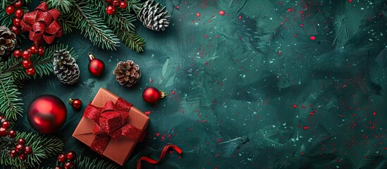 Leinwandbilder - Christmas gift box adorned with red decorations and a fir tree branch on a green background Top view with copyspace