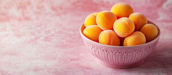 Poster - Fresh sweet orange apricots in a pink bowl on a pink concrete table surface selective focus shallow depth of field. with copy space image. Place for adding text or design