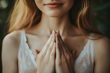 Wall Mural - Close up of calm young Caucasian woman hold hands on heart chest feel grateful and thankful. Happy millennial female show gratitude, love and care, pray or visualize. Religion, faith concept