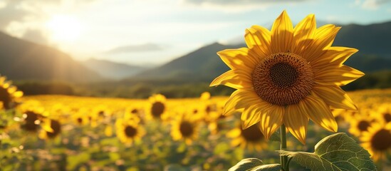Aufkleber - Sunflower on a mountain Sunflower field. with copy space image. Place for adding text or design
