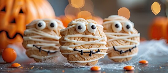 Poster - Funny mummy cookies for a Halloween treat for children. with copy space image. Place for adding text or design