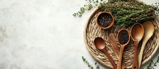 Aufkleber - Kitchen arrangement featuring a wicker tray wooden spoons black pepper and fresh thyme on a light backdrop Top view Copy space