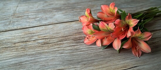 Leinwandbilder - Alstroemeria bouquet on a wooden surface. with copy space image. Place for adding text or design