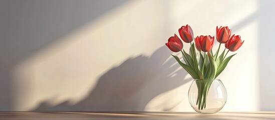 Fototapete - red tulips in a glass vase against a background of a white wall. with copy space image. Place for adding text or design