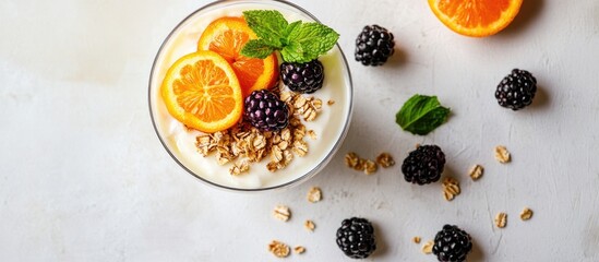 Poster - Vegan healthy breakfast option Yogurt and granola topped with fresh blackberries oranges and mint in a glass Set on a white table Copy space top view