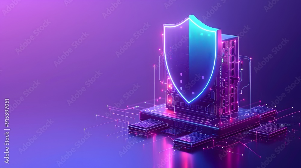 Futuristic digital security server with glowing neon shield ...