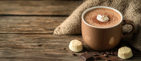Fototapete - Good morning with hot chocolate on a wooden table. with copy space image. Place for adding text or design