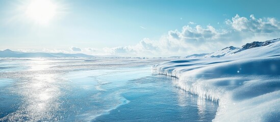 Poster - melting ice on a frozen lake or river. with copy space image. Place for adding text or design