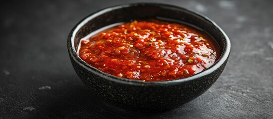 Aufkleber - Harissa sauce in a bowl against a black background close up Adjika hot chili pepper sauce Copy space