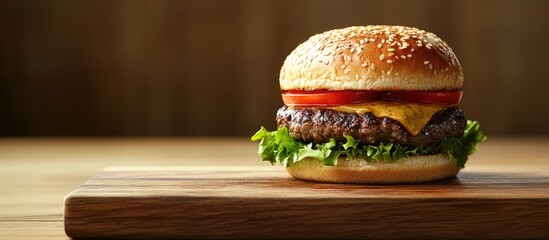 Leinwandbilder - Pork burger on a cutting board. with copy space image. Place for adding text or design